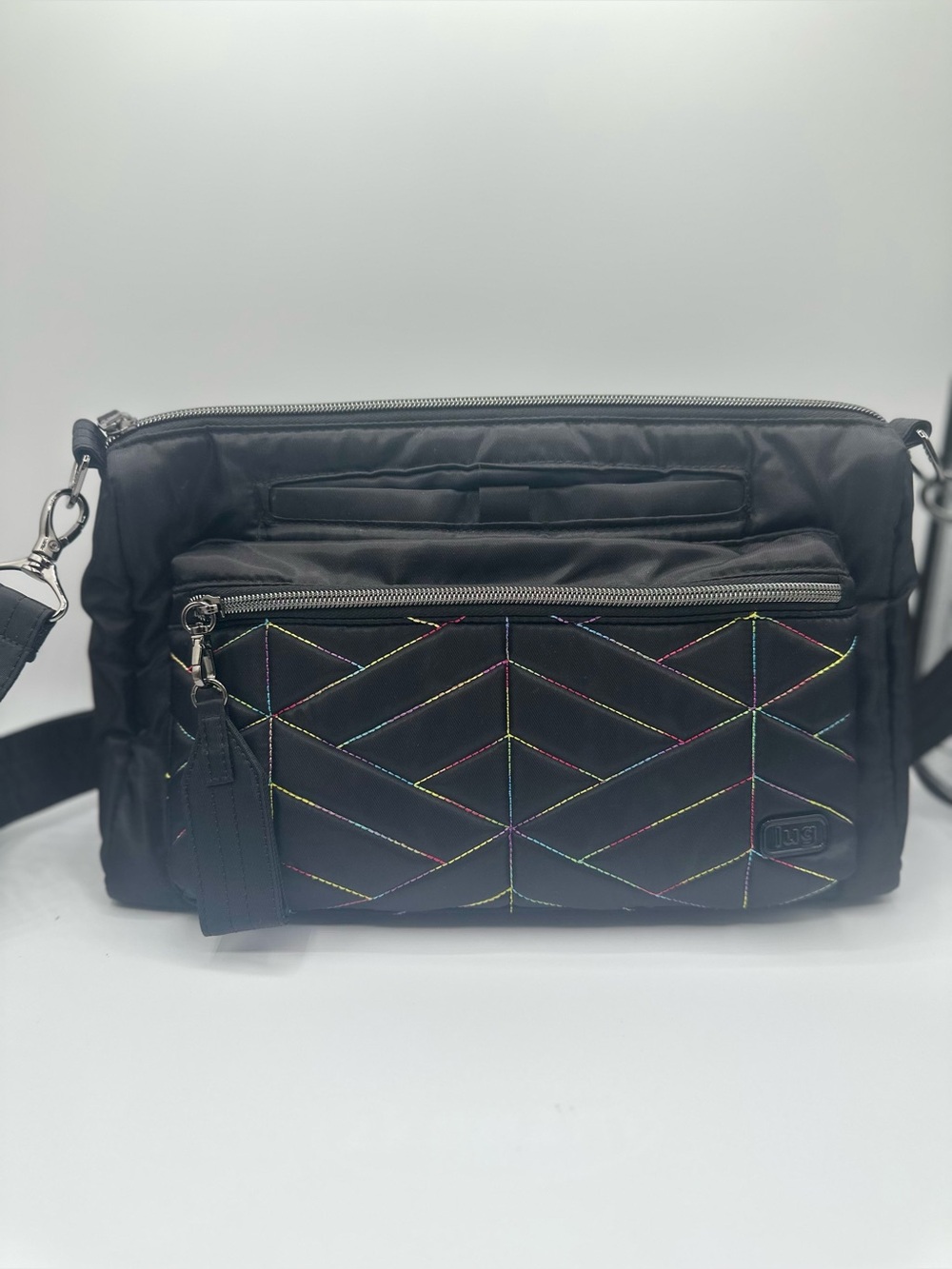 Lug Stretch Black Rainbow Stitch Quilted Crossbody Bag Zip closure
